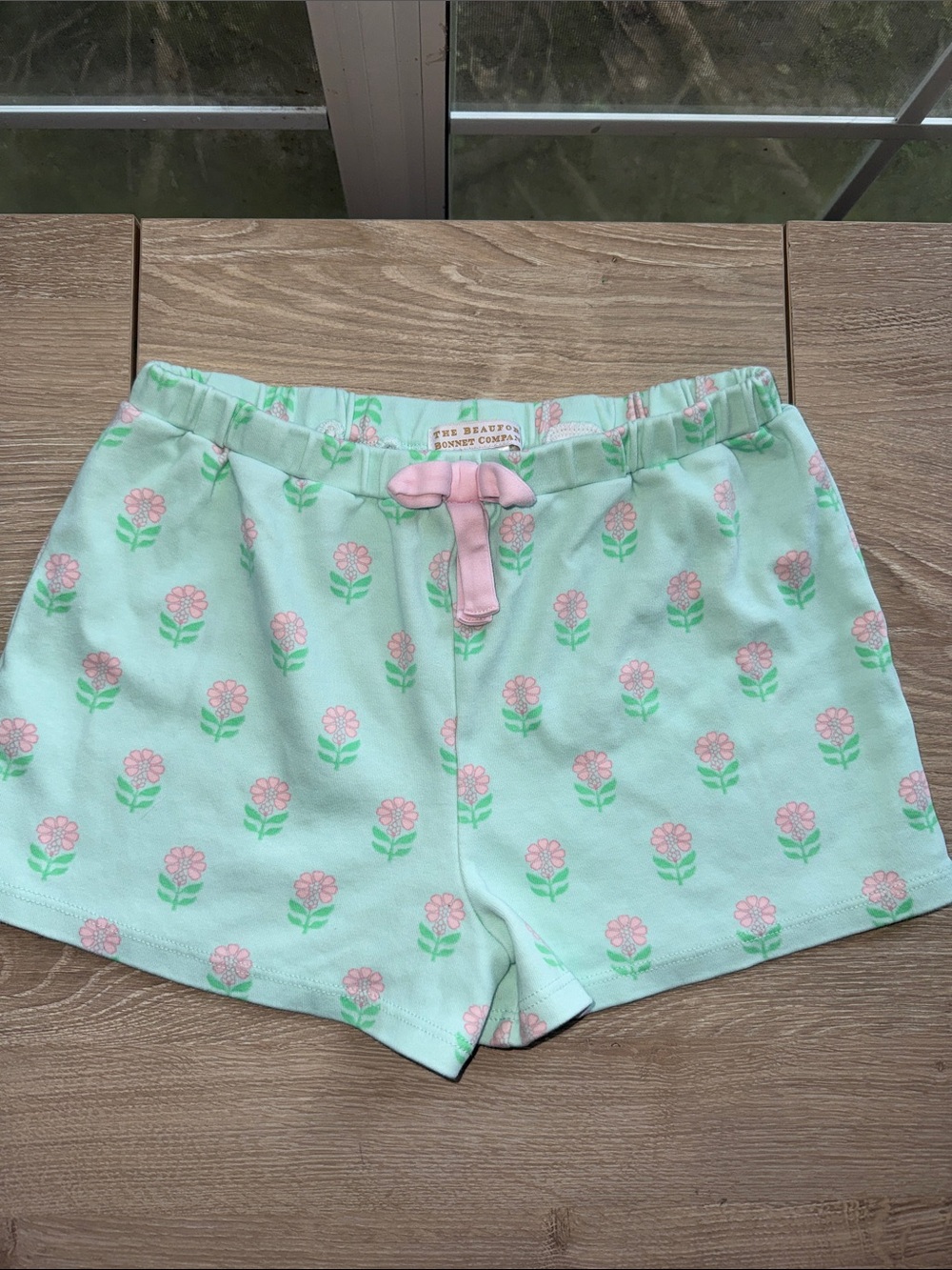 The Beaufort Bonnet Company Mint Floral Athletic Shorts with Pink Tie